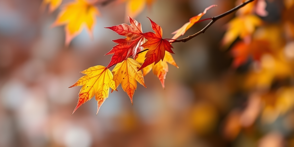 Capture a close-up of vibrant autumn leaves on a branch against a blurred background, using a DSLR camera with a 50mm lens, aperture set to f/2.8 for shallow depth of field, ISO 100 for crisp clarity, and natural lighting to enhance colors.
