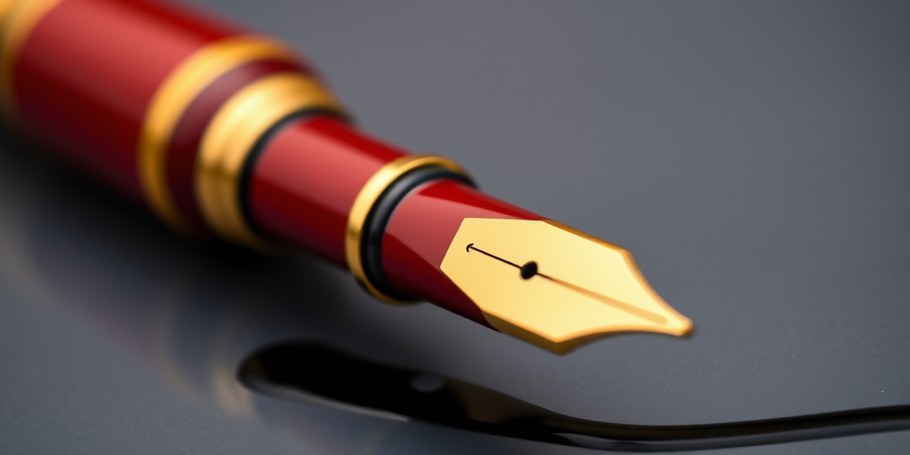 Create a high-resolution image of a fountain pen with a red body and gold trim, with a flowing black ink line beneath it, captured in macro view using a DSLR camera set to aperture f/2.8, shutter speed 1/250s, and ISO 100 for enhanced sharpness and detail.