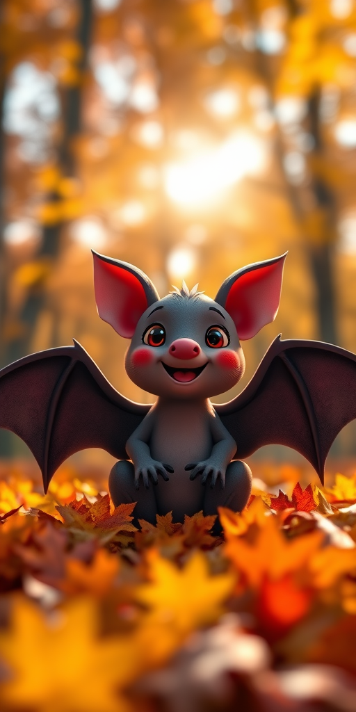 Create a whimsical animation of a cute cartoon bat sitting in colorful autumn leaves, capturing the warm sunlight filtering through the trees, with a shallow depth of field, 50mm lens, f/1.8 aperture, ISO 100, and soft lighting to enhance the vibrant colors and textures.