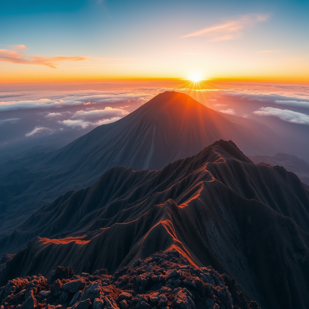 Capture a breathtaking landscape of a volcanic mountain range during sunrise with soft mist, using a Canon EOS R5, 24-70mm lens, aperture f/8, ISO 100, shutter speed 1/125s, in a wide-angle view for enhanced depth and detail.