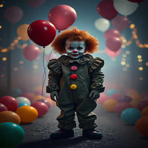 Create an image of a child dressed as a clown standing on a foggy path surrounded by colorful balloons. The clown has curly hair, a white face with red accents, and is wearing a puffy costume with colorful buttons. The background is dimly lit, with soft glowing lights and more balloons floating in the air, creating a slightly eerie yet whimsical atmosphere.
