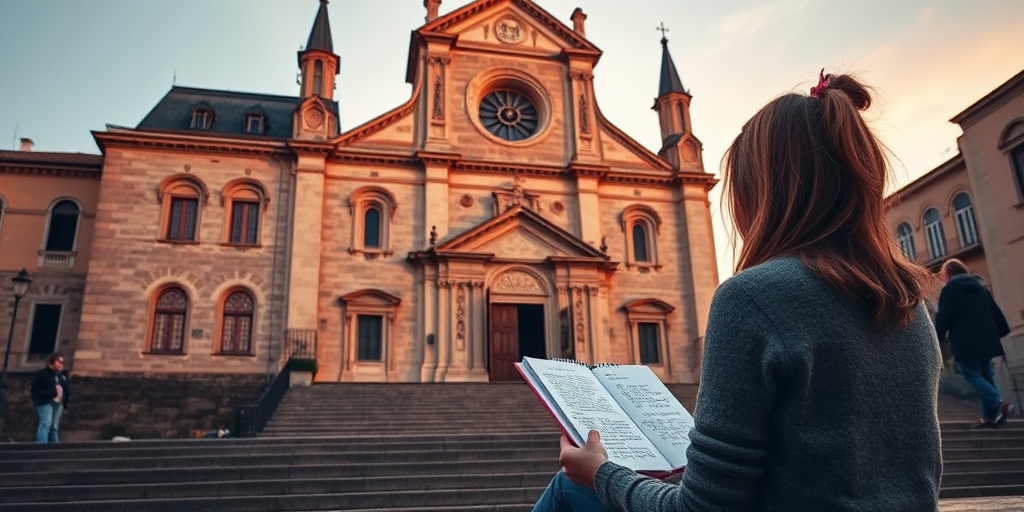 Old European cathedral at dawn, its stone facade bathed in golden light, a woman sits on the steps, sketchbook open on her lap, capturing the ancient architecture.