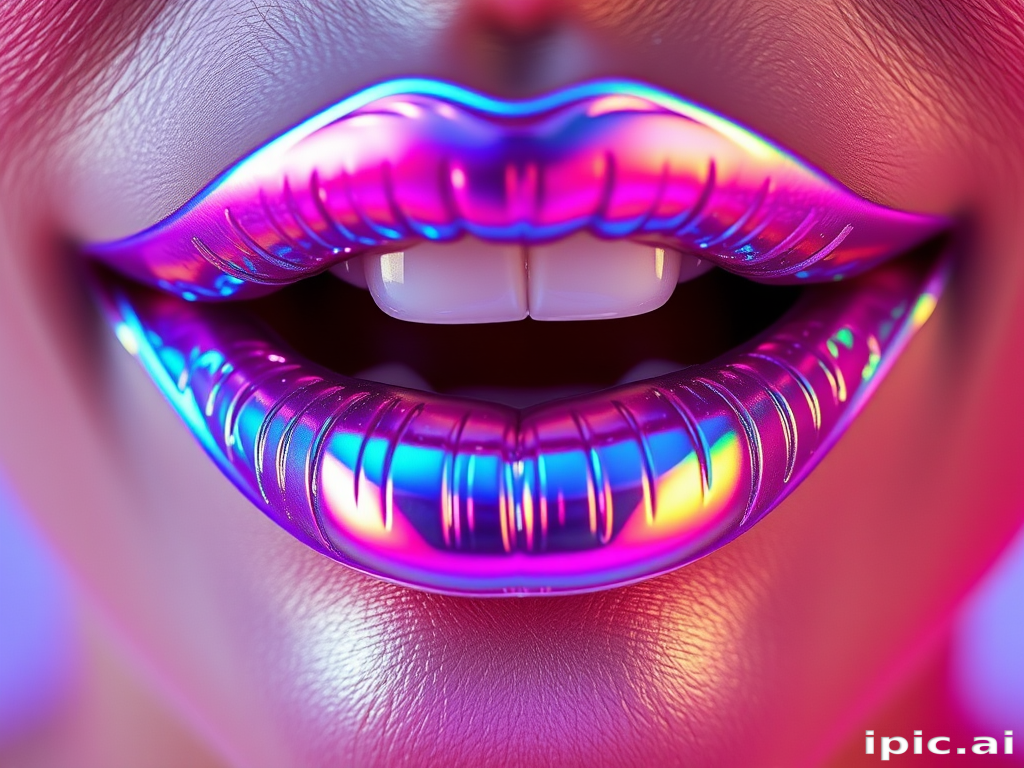 Holographic iridescent lips shine with otherworldly beauty in the "Prismatic Dream" style, showcasing a kaleidoscope of shifting colors that range from cool blues to warm pinks, depending on the angle and lighting, creating a mesmerizing and futuristic lip look that's perfect for avant-garde fashion events or editorial photoshoots