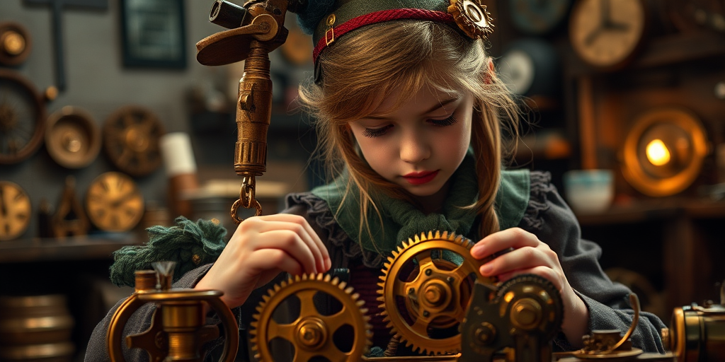 A young girl with vintage steampunk attire is carefully working on intricate brass gears and clockwork pieces in a dimly lit workshop with soft ambient lighting, shallow depth of field, captured using a DSLR camera at f/2.8 aperture, ISO 200, and a focal length of 50mm to enhance the detail and atmosphere.