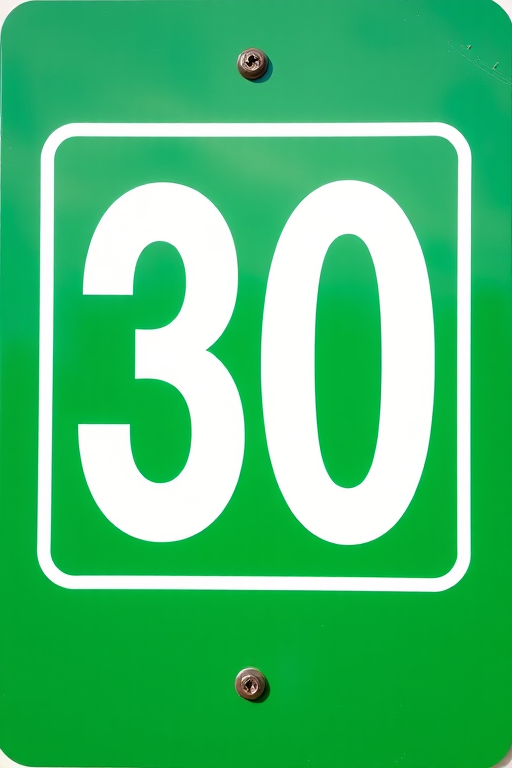 Generate a high-quality image of a green sign with the number 30 in bold white font, use a DSLR camera with a 50mm lens, aperture set to f/2.8, ISO 100, shot in natural light from a straight-on view.
