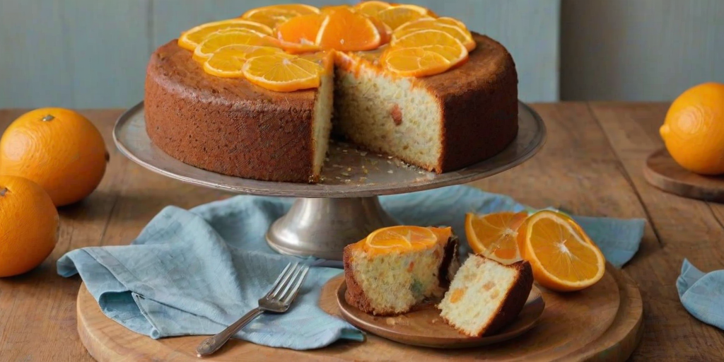 Generate an image of a round, moist cake with a hole in the center, displayed on a wooden platter. The cake has a light golden-brown crust and a soft, fluffy texture. Surround the cake with slices of orange and a few whole oranges in the background. Include a light blue cloth and some forks on the side. The setting should be bright and inviting, suggesting a cozy kitchen atmosphere.