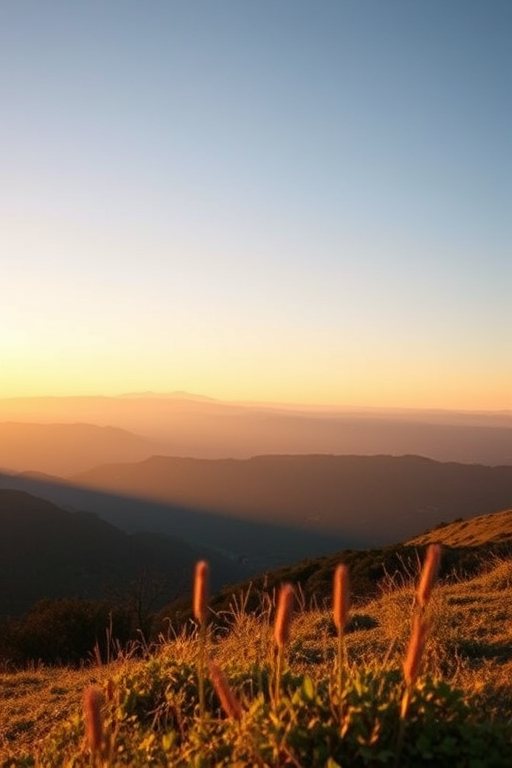 Photograph of a serene landscape with mountains in the background during golden hour, captured with a Canon EOS 5D Mark IV, 50mm lens, aperture f/8, ISO 200, with soft focus and natural lighting.