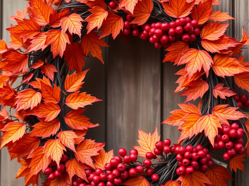 autumn wreath with vibrant orange and red leaves, clusters of red berries, wooden twigs, soft focus background, macro lens, f/2.8 aperture, 50mm lens, natural lighting, high resolution