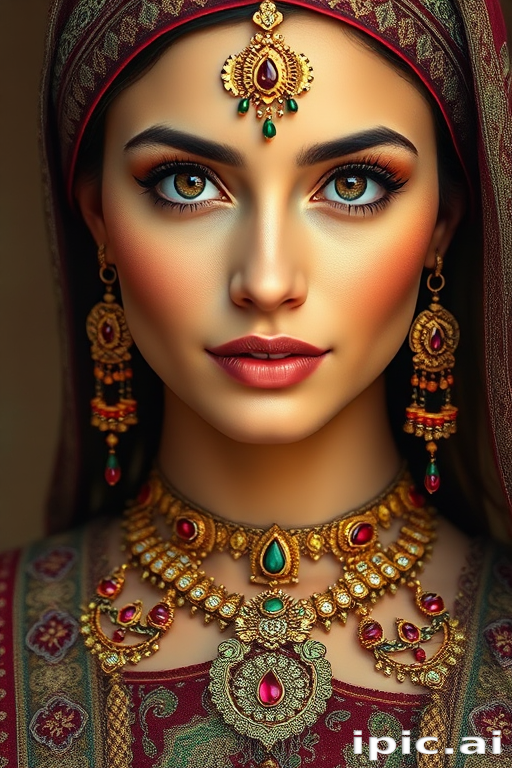Create a portrait of a beautiful woman with striking hazel eyes and a gentle expression. She is adorned in traditional attire with intricate patterns, including a richly embroidered headscarf and matching garments. Her jewelry includes a delicate headpiece, dangling earrings, and ornate bracelets, all featuring vibrant gemstones and detailed metalwork. The background is soft and warm, enhancing the rich colors of her outfit and jewelry.