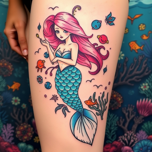 Whimsical neo-traditional mermaid tattoo with vibrant teal scales and flowing pink hair, surrounded by colorful sea creatures and coral, spanning the entire thigh in a captivating underwater scene