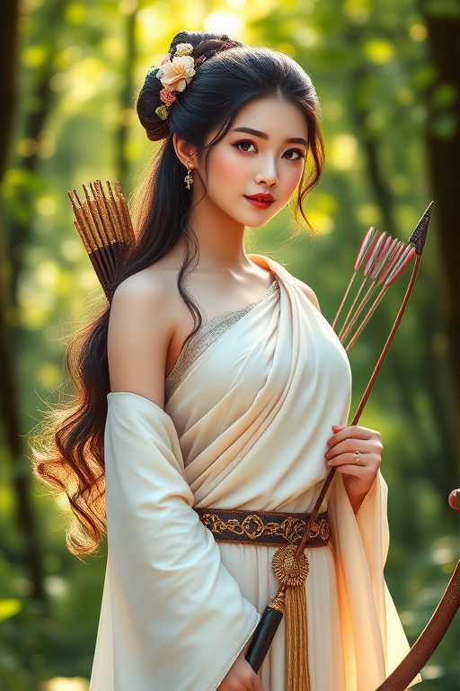 Create a portrait of a goddess-like Chinese girl figure in a tranquil, forested environment. She has an elegant appearance with long, wavy hair styled in an updo and adorned with a delicate, floral headband. She wears a flowing, ancient Greek-inspired gown in a soft, pale color, featuring a one-shoulder design and draped fabric that accentuates her graceful form. The outfit includes a decorative belt with ornate gold detailing, and she holds a bow in her hand, with a quiver of arrows slung over her shoulder. The background depicts lush greenery, with sunlight filtering through the trees, casting a gentle, ethereal light on the scene. Her expression is calm and contemplative, embodying a sense of wisdom and serenity.