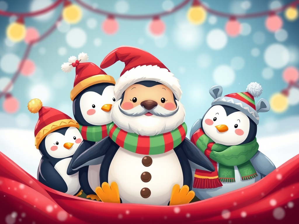 create a cute holiday-themed illustration featuring Santa and a group of penguins and polar bears wearing festive hats and scarves, vibrant colors, high resolution, using a DSLR camera, 50mm lens, f/2.8 aperture, ISO 100, natural light, shallow depth of field, focus on characters with a soft bokeh background.