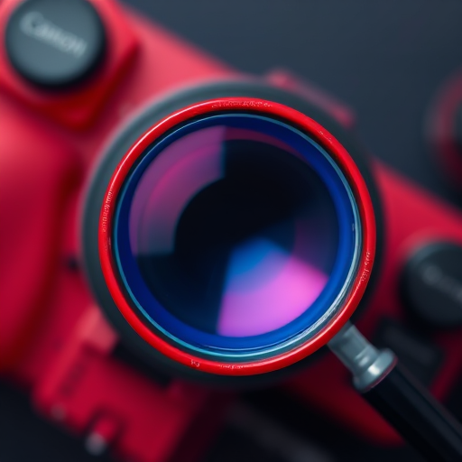 Create a high-resolution graphic of a red magnifying glass with a blue lens, using a Canon EOS R5 camera, f/2.8 aperture, 1/200 shutter speed, in a soft focus style, top-down view.
