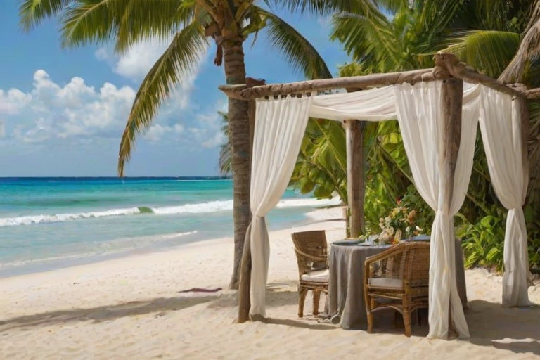Create a picturesque tropical beach scene featuring a serene, white sandy shore. In the foreground, there's a rustic wooden canopy with white drapes gently flowing in the breeze. Underneath the canopy, a table is set with tropical decor, evoking a sense of relaxation and leisure. The beach extends into a calm, shallow water area with reflections of the sky and surroundings. Palm trees and lush greenery line the edge of the beach, providing a natural, tropical backdrop. The sky is clear with a few scattered clouds, and the overall atmosphere is tranquil and inviting, perfect for a peaceful retreat.