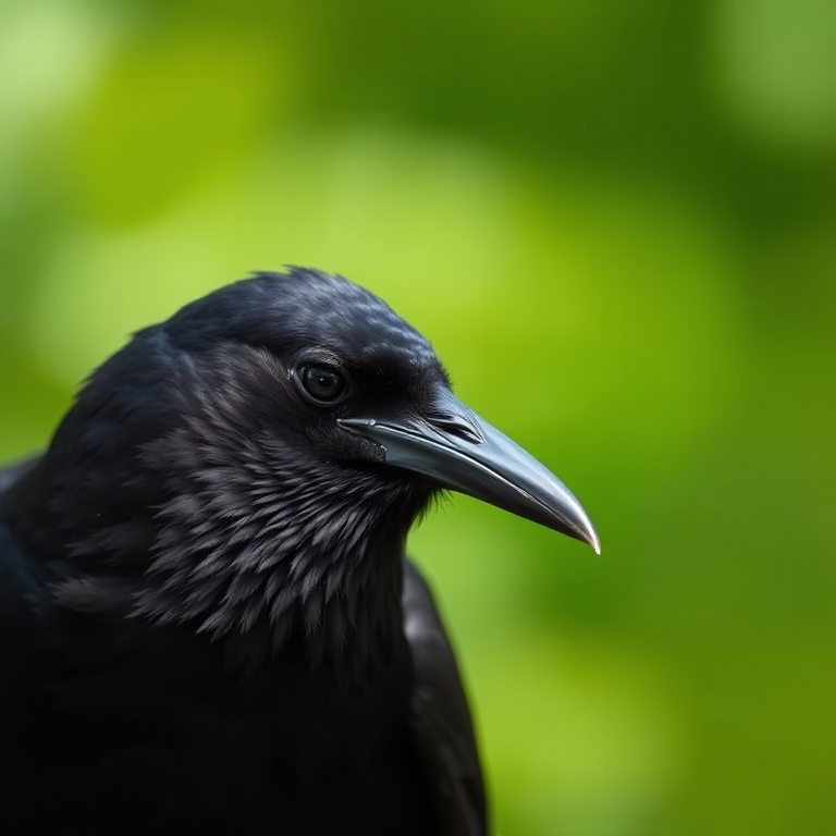 a close-up of a black crow with a blurred green background, showcasing its sleek feathers and sharp beak