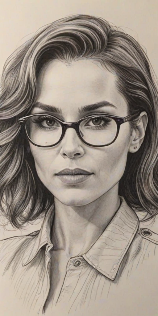 Bewitching Noomi Rapace, pencil sketch, portrait of Sublime woman 1949s in glasses, hair style beatnik, outline, clear lines, fine lines, 8k