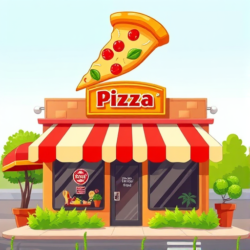 a colorful pizza shop illustration with a large pizza slice on the roof, striped awning, greenery in front, camera settings: ISO 100, f/8, shutter speed 1/200, camera view: frontal view, camera style: vector art, camera type: digital illustration