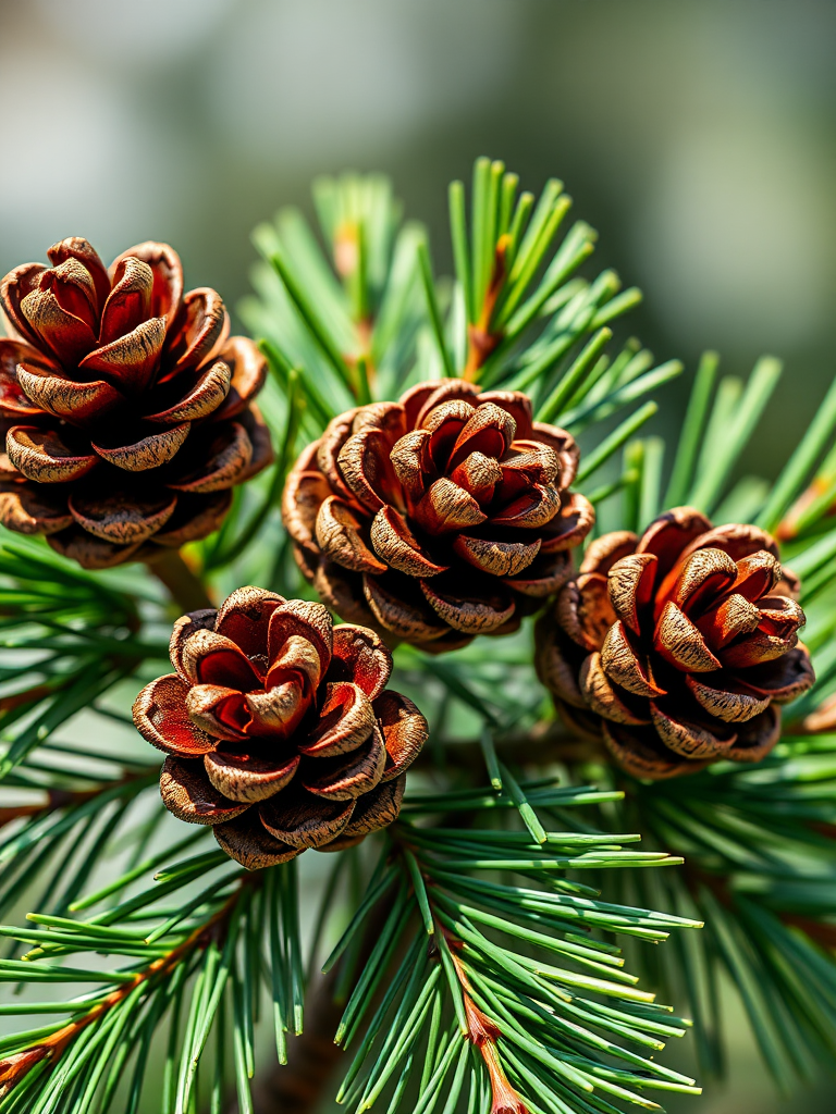 Create a highly detailed and vibrant illustration of three sprigs of pine with cones, using a macro lens to capture intricate textures, f/2.8 aperture for shallow depth of field, ISO 200 for low noise, and 50mm lens for sharpness, with bright natural lighting to enhance color richness and contrast.
