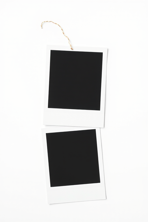 Generate three polaroid-style photo frames with a white border, blank black center, set against a plain white background, using a Canon EOS R5 camera, ISO 100, aperture f/2.8, shutter speed 1/200s, 50mm lens, natural lighting.
