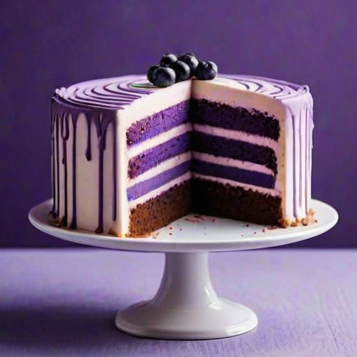 Create an image of a slice of cake with multiple layers in shades of purple. The cake should have a smooth finish and be decorated with swirls of purple frosting on top. The background should be light and simple to emphasize the cake.