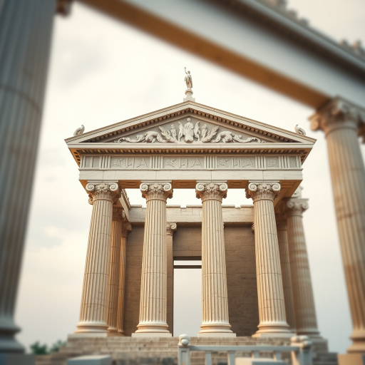 Generate an artistic rendering of a classical Greek temple with detailed columns and a triangular pediment, captured in high resolution using a DSLR camera at f/8 aperture, ISO 100, 50mm lens, and a soft focus background to enhance depth.