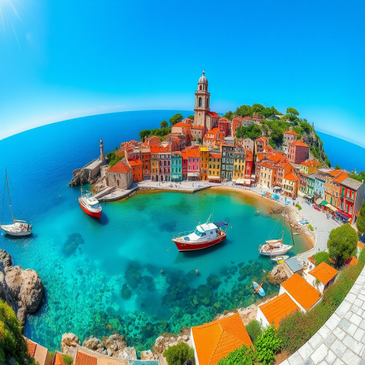 Generate a high-resolution illustration of a picturesque coastal village with colorful houses, a prominent bell tower, and boats in the crystal-clear water, captured in bright daylight with vibrant colors, using a DSLR camera, 50mm lens, f/8 aperture, ISO 100, and a panoramic view to emphasize the scenery.