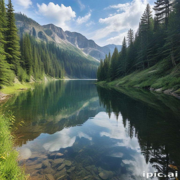 Tranquil Mountain Lake Surrounded by Lush Green Forest and Majestic Peaks
