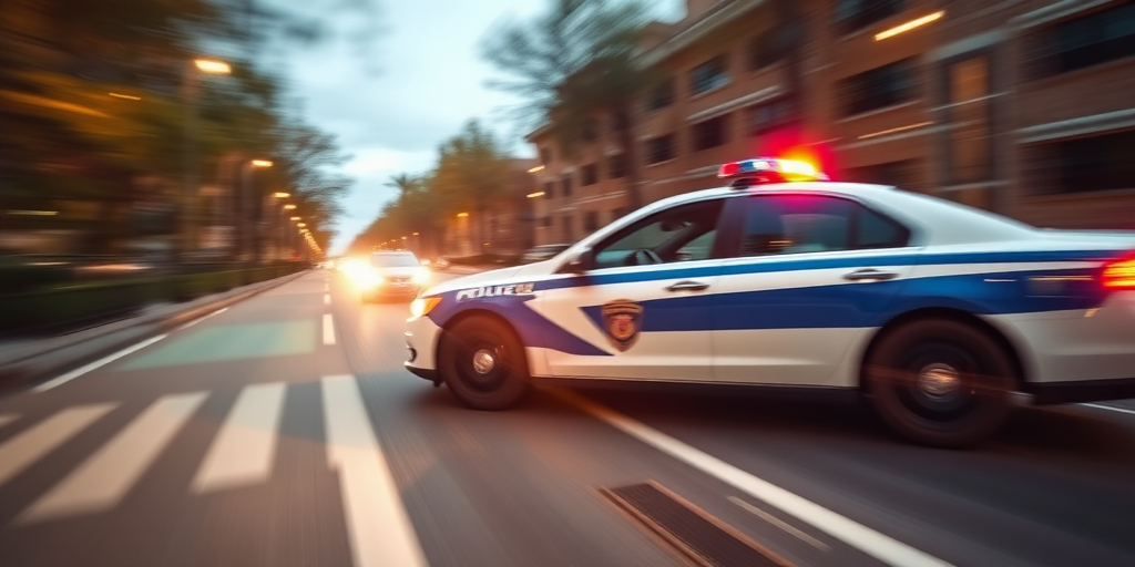 Capture a high-speed shot of a police car in motion, using a DSLR camera with a 50mm lens, set at f/5.6, ISO 200, shutter speed 1/500s, focused on the car while blurring the background for a dynamic effect.