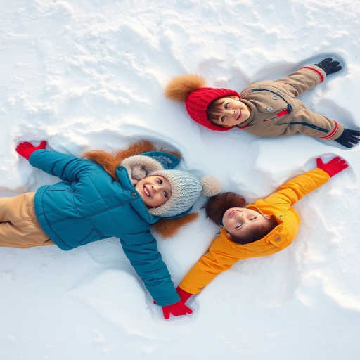 Create an illustration of two children making snow angels in a light snow-covered landscape, captured with a DSLR camera, 50mm lens, f/2.8 aperture, ISO 100, top-down view, bright colors, high saturation, focus on contrasting clothing against the white snow, enhance image sharpness and clarity.