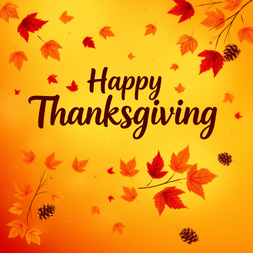 Create a warm and festive autumn-themed image with a gradient background of orange and yellow hues. Include a variety of falling leaves in shades of red, orange, and brown. In the center, display the text "Happy Thanksgiving" in a stylish and inviting font, using a dark brown color for contrast. Add subtle decorative elements like pine cones and additional leaves for a cozy, seasonal feel.