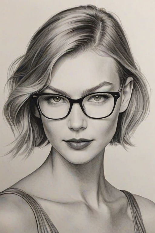 Charming Karlie Kloss, pencil sketch, portrait of Graceful woman 1926s in glasses, hair style beatnik, outline, clear lines, fine lines, 8k