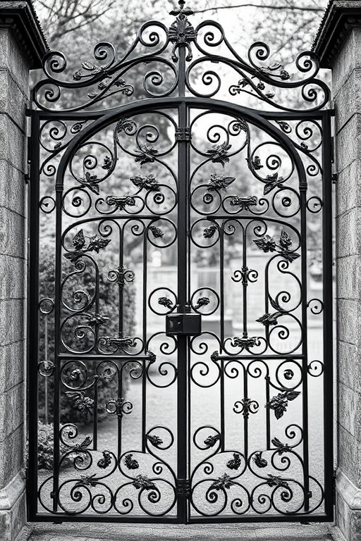 Regenerate the image of an ornate wrought iron gate with floral designs, captured from a frontal view using a DSLR camera with a 50mm lens, aperture set to f/2.8, ISO 100, and a monochrome filter applied for enhanced contrast and detail.