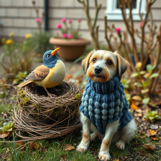 An image of a surreal, whimsical bird, a moss birds nest, sitting nearby is a dog, slightly smiling with a blueberry bobble stitch sweater, muted colors, natural textures, garden at back of house.