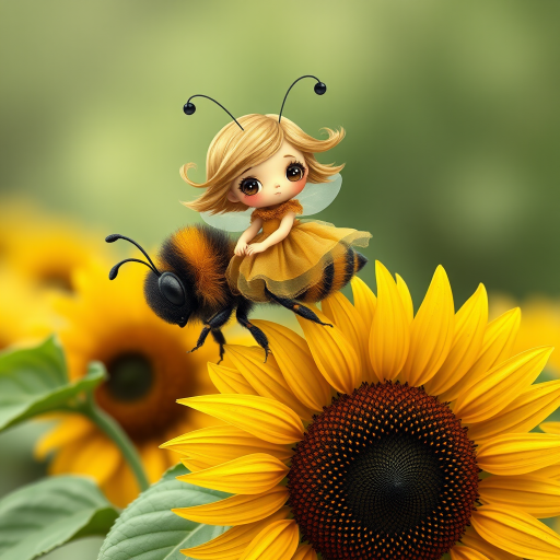 a whimsical cute girl with big eyes, big hair and flowing dress, riding astride a bumble bee, and flying across the top of the sunflower, which are just waking up, and catching dew drop of rain