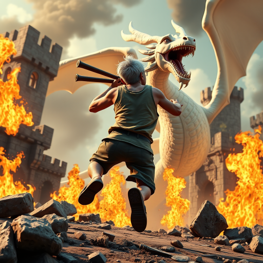 Cartoon 3D High-Resolution,dynamic battle scene using Unreal Engine 5 and Octane Render. The scene features back of an elderly, thai man with a beard,messy hair and round golden-rimmed glasses. He is wearing a tattered tank top with soot marks, shorts, and sandals. sweating. he wields a baseball bat. He jump to fight with a white fire-breathing Europe dragon amidst a partially destroyed stone castle. Include intense flames, smoke, and debris to enhance the dramatic effect.