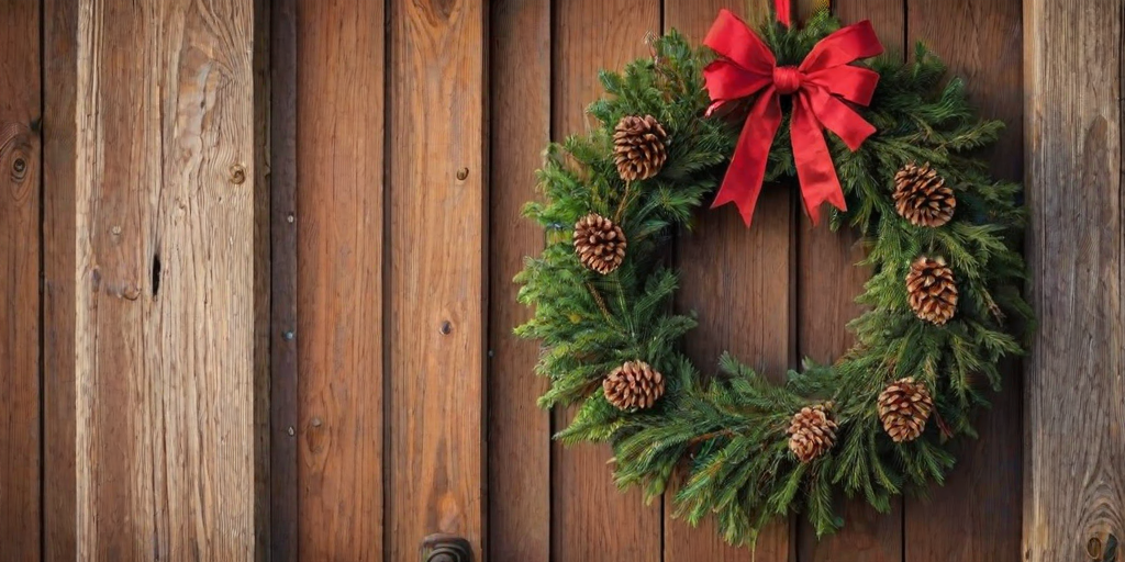 Warmly lit photo of a beautiful holiday wreath adorned with pinecones and red ribbons hanging on a rustic wooden door, soft light enhancing the rich textures and colors.