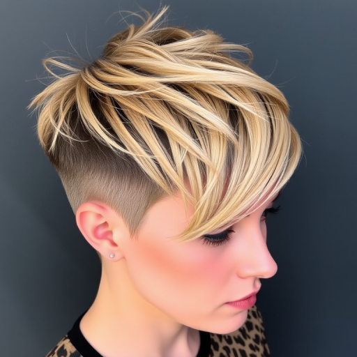 Fierce leopard print pixie cut called "Wild Instinct" showcases a daring combination of golden blonde base with strategic placement of dark brown and black spots