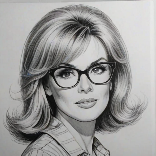 Wonderful Donna Mills, pencil sketch, portrait of Attractive woman 1963s in glasses, hair style beatnik, outline, clear lines, fine lines, 8k