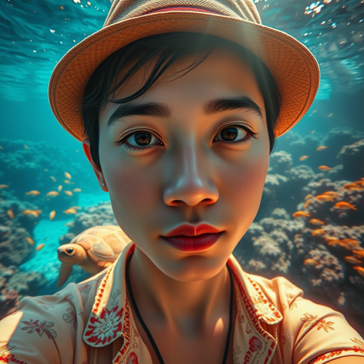Realistic selfie image of a Singaporean, wearing a vintage outfit, detailed dreamy eyes, droopy hooded eyes, staring at the camera, taken underwater at coral reef with a sunbeam filtering through the water, vibrant, summer vacation, natural lighting, turtle and school of tropical fish with vibrant colors, rendered in the style of CryEngine, Pegi Nicol MacLeod, with realistic genre scenes, hauntingly beautiful narratives, ultra-realism, and Thomas Saliot's close-up technique, 8K resolution, crystal clear and sparkling water.