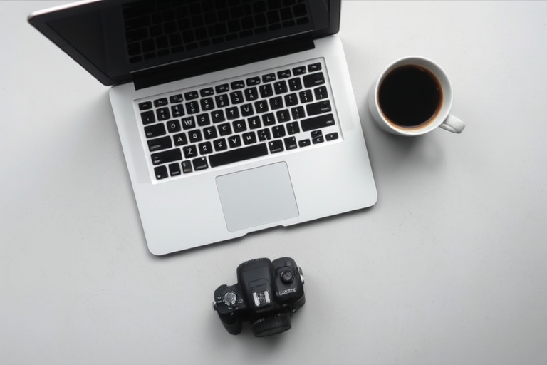 laptop on a light gray surface with a coffee cup beside it, top-down view, focus on the keyboard and coffee, natural light, ISO 100, f/2.8, 1/60 sec, DSLR camera