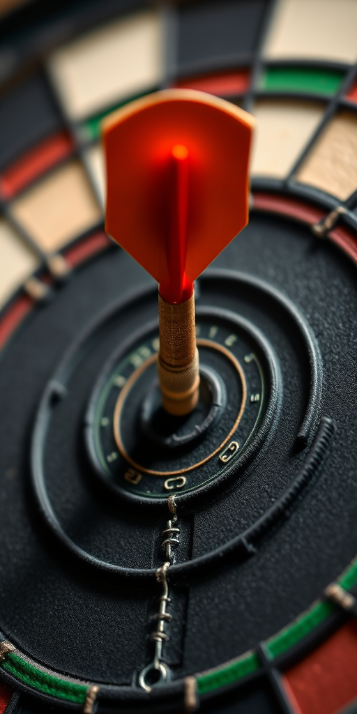 A close-up view of a dartboard with a bullseye, featuring a wooden arrow lodged in the center, shot with a DSLR camera, 50mm lens, f/1.8 aperture, ISO 100, 1/200 sec shutter speed, soft diffused lighting to enhance details and textures.