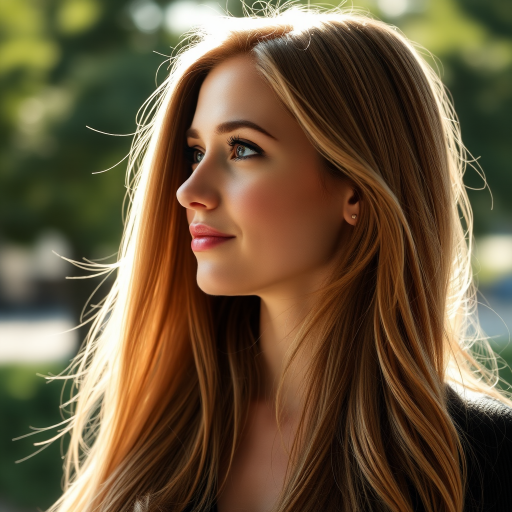 portrait of a woman with long blonde hair in profile, soft natural lighting, shallow depth of field, 85mm lens, f/1.8 aperture, ISO 200, taken with a DSLR camera
