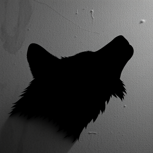Create a high-resolution grayscale image of a wolf's head silhouette on a textured background, captured with a Canon EOS R5 at f/8 aperture, ISO 100, 1/250 shutter speed, using a shallow depth of field and an eye-level angle for a striking visual effect.