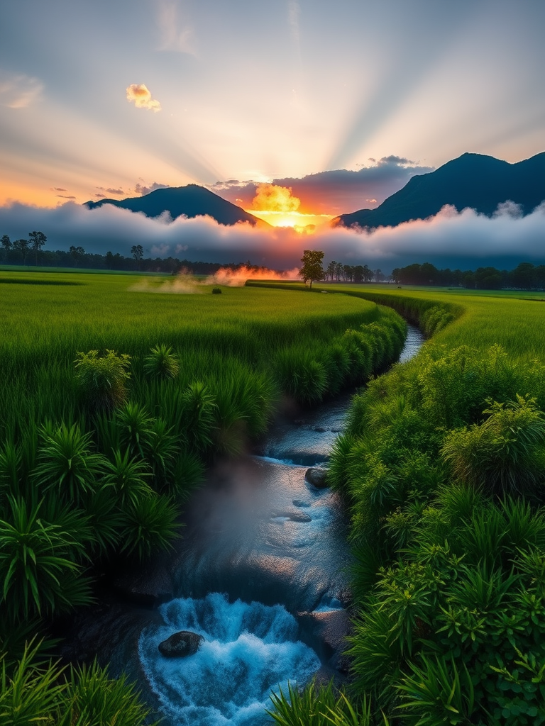 Generate a lush green landscape at sunrise with mountains in the background, mist rising from a river, vibrant colors, captured with a Canon EOS R5, 24mm lens, f/8 aperture, ISO 100, and a shallow depth of field to enhance image quality.