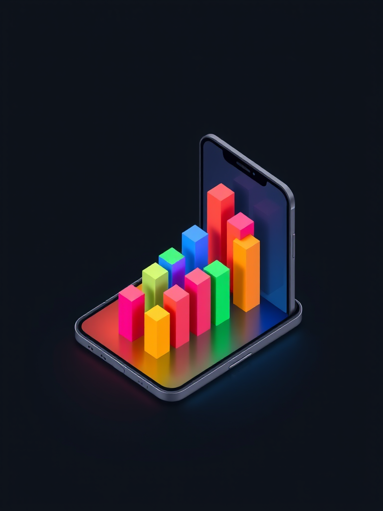 create an isometric illustration of a smartphone displaying colorful 3D bar charts with a dark background, use a Canon EOS 5D Mark IV, aperture f/8, ISO 100, 30mm lens, shot from a top-down view, focus on vibrant colors and sharp details