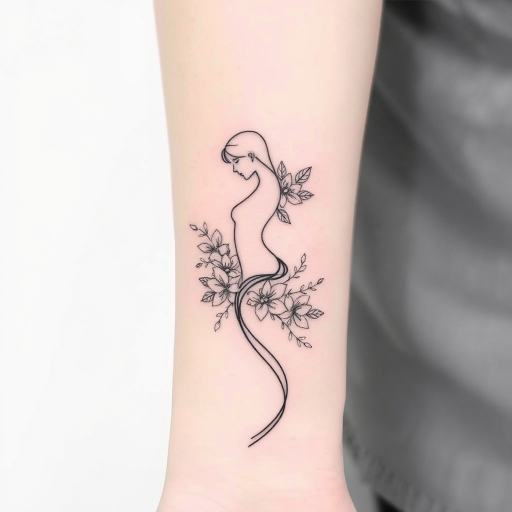 Minimalist single-line continuous tattoo, "Fluid Essence," depicting a graceful female form intertwined with delicate flowers and leaves, using a thin black line that never breaks or crosses itself, ideal for wrapping around the wrist or ankle