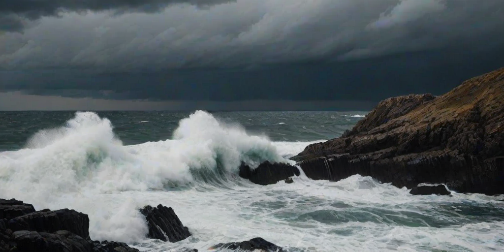 Sharp, high-contrast photo of a stormy ocean, dark clouds gathering in the sky above, waves crashing against the rocky shore, the distant sound of thunder rumbling, a sense of nature's raw power captured.