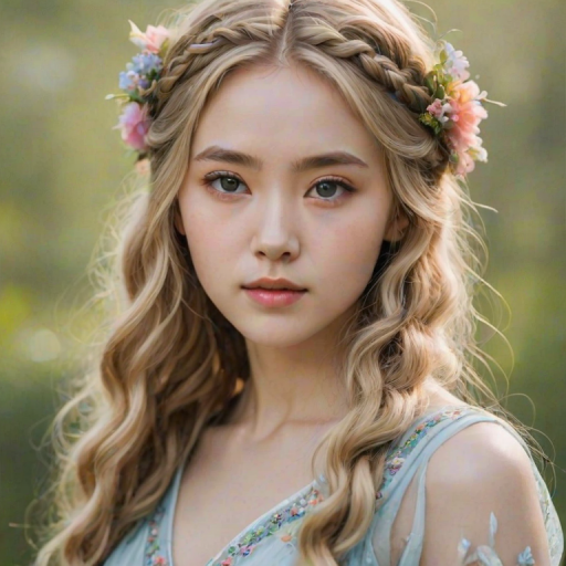 Create an image of a young Korean woman with long, wavy blonde hair, adorned with small, colorful flowers woven into her braids and loose strands. Her complexion is fair, with soft, glowing skin, and she has light blue eyes that gaze softly at the viewer. She wears a light, flowing dress with a gentle, ethereal quality, complementing her delicate and serene appearance. The background is slightly blurred, drawing focus to her tranquil expression and the intricate details of the flowers in her hair. The overall mood of the image is one of natural beauty and grace, evoking a sense of peacefulness and connection with nature.