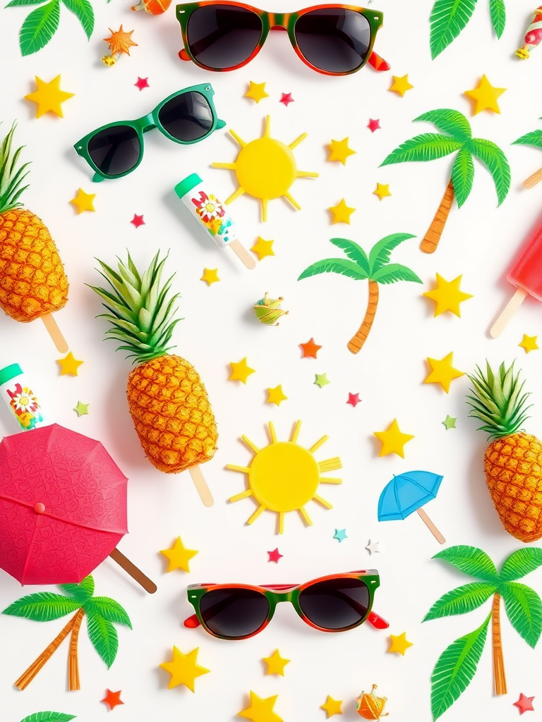 Create a vibrant tropical pattern featuring sunglasses, ice pops, pineapples, palm trees, sun, stars, and beach umbrellas on a white background, captured with a digital camera at f/8 aperture, 100 ISO, 50mm lens, top-down view, bright lighting for enhanced colors.