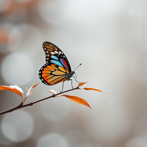Generate an image of a butterfly perched on a slender tree branch with a few brown, dried leaves. The setting should have a soft, blurred background suggesting a serene environment, and there should be a hint of snow on the leaves and branch. The butterfly should display vibrant colors, contrasting with the muted tones of the leaves and the background.